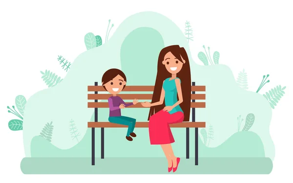 Madre con bambino seduto su una panchina di legno — Vettoriale Stock