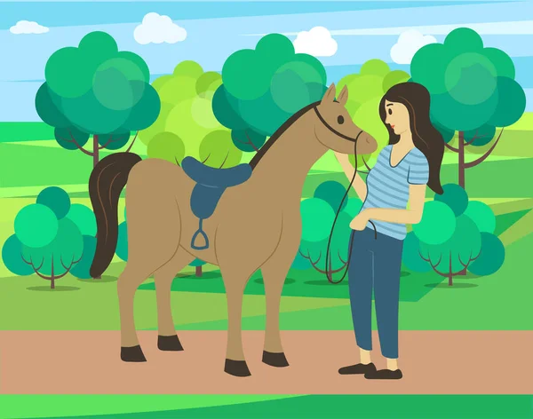 Nő és ló a természetben, Park vagy Tanyasi erdő — Stock Vector