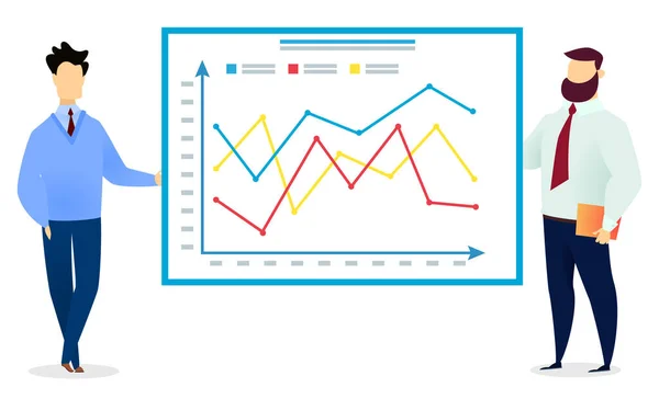 Двое мужчин представляют графику на встрече, менеджер — стоковый вектор