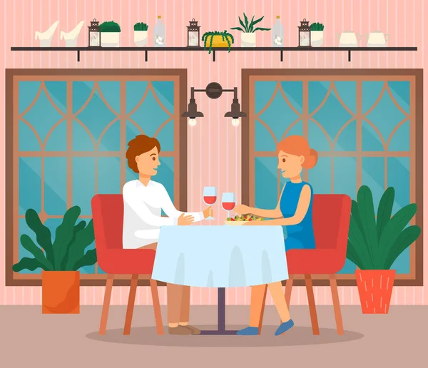 Άνδρας και γυναίκα, ζευγάρι τρώει φαγητό στην καφετέρια — Διανυσματικό Αρχείο