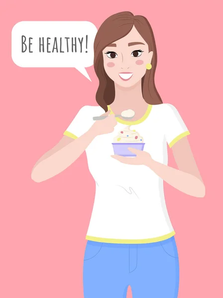 Mujer Hold Cupcake, estilo de vida saludable y comida — Archivo Imágenes Vectoriales