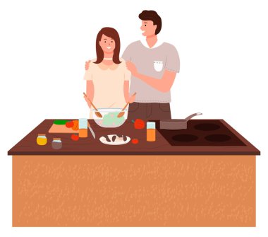 Man and Woman Together on Kitchen, Lady Cook Salad