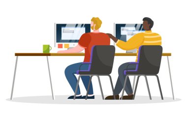 Worker Coworking and Communicating with Pc Vector