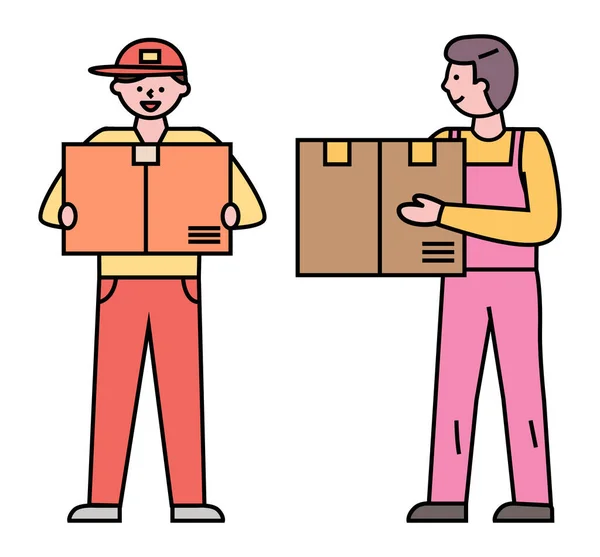 Delivery of Orders and Cargo, Couriers with Boxes — Stok Vektör
