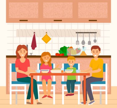People Eating at Home, Family in Kitchen of House