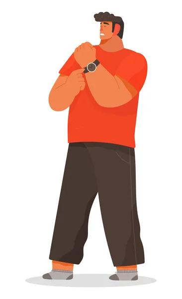 Man Pointing on Wristwatch, Late Character Vector — ストックベクタ