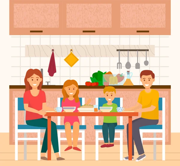 Pessoas comendo em casa, família na cozinha da casa — Vetor de Stock