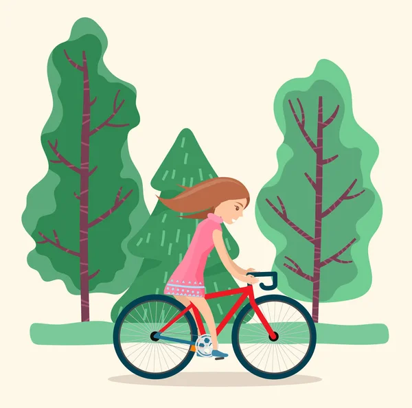 Girl Riding Bike in Park, Summer Outdoor Activity — Stockvector