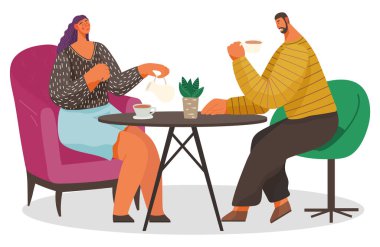 People Drink Coffee Sitting by Table in Cafeteria