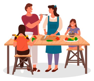 Mutfakta aile yemekleri, çocuklar ve ebeveynler