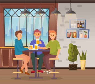 Friends Drinking Beers in Pub, Meeting in Bar