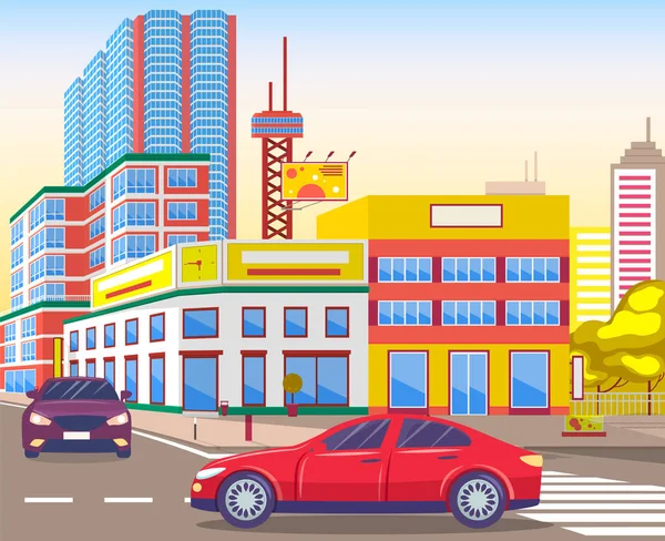 Les rues modernes de la ville avec des voitures et de la circulation sur les routes — Image vectorielle