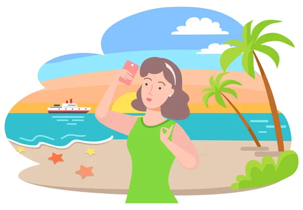 Menina tomando Selfie na praia, à beira-mar imagem vetorial — Vetor de Stock