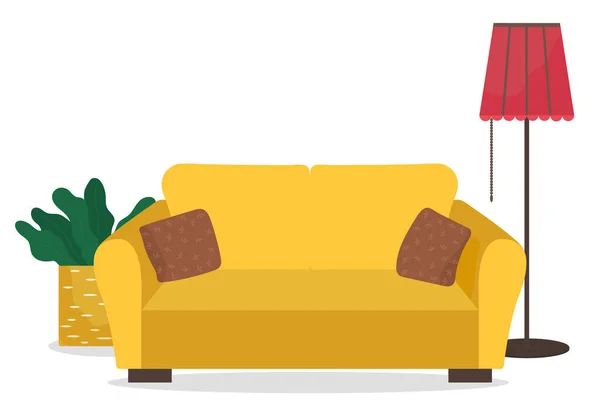 Sofa and Cushions, Plant and Lamp Interior Design — Διανυσματικό Αρχείο