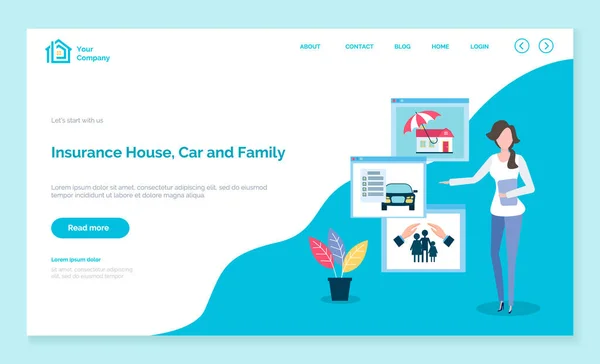 Página web de Car House y Family Insurance Company — Vector de stock