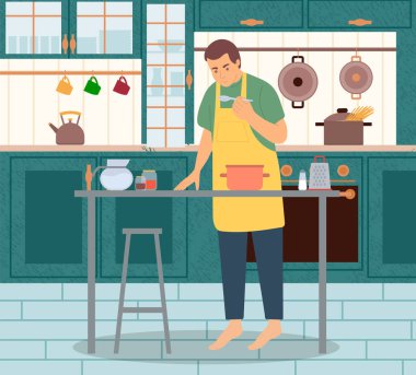 Male Preparing Dish in Kitchen at Home Vector