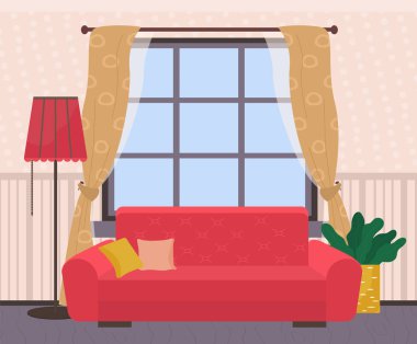 Living Room Sofa with Cushion near Window Vector