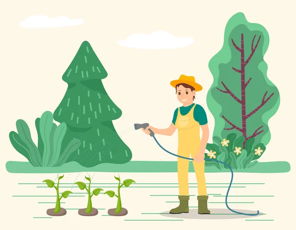 Gardener with Hose Watering Sprout in Soil Vector — Διανυσματικό Αρχείο