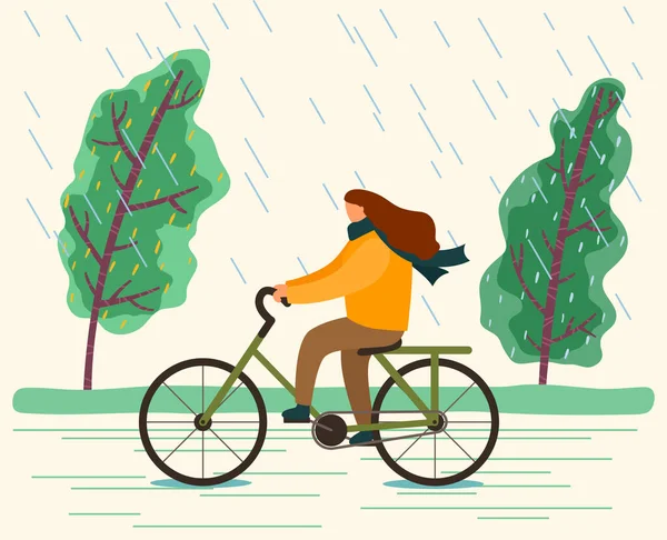 Femme à vélo pendant la pluie, Sport actif — Image vectorielle