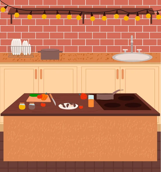 Kitchen Cooking Place with Dishes and Food Vector — ストックベクタ