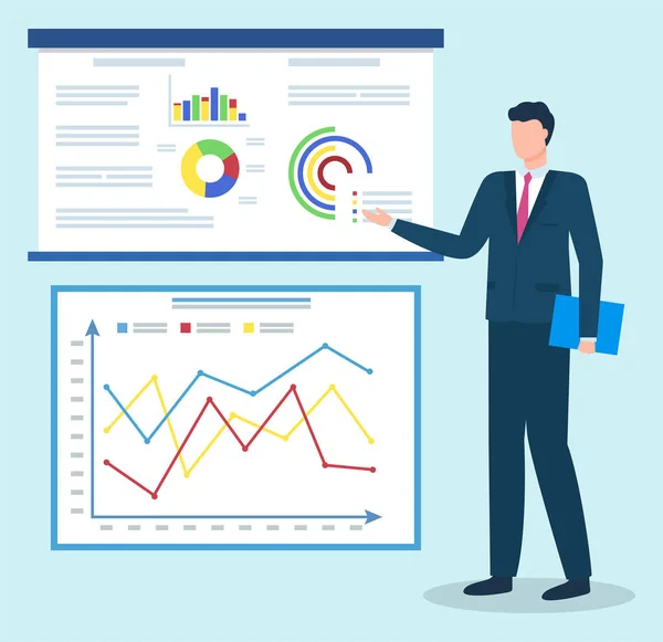 Gerente de Reunión de Negocios, Datos Gráficos a Bordo — Archivo Imágenes Vectoriales