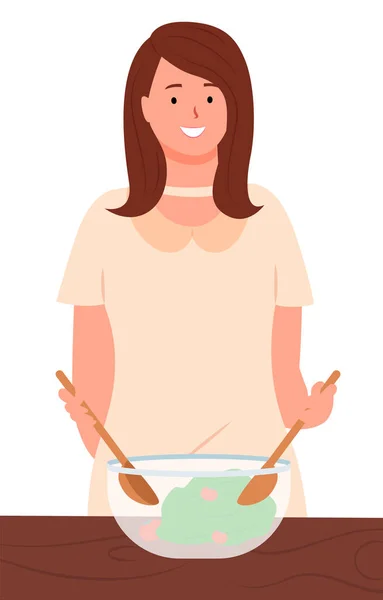 Mujer, Ama de casa Cocinar Ensalada de verduras en la cocina — Vector de stock