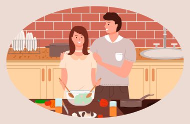 Man and Woman Stand on Kitchen, Lady Cooking Salad