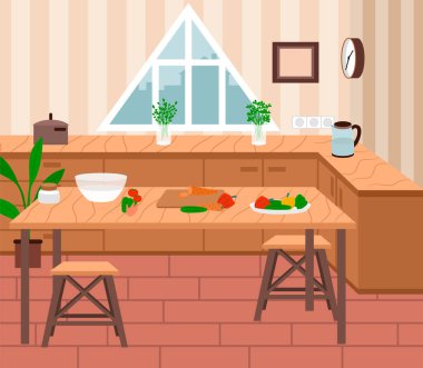 Cozy Kitchen Interior, Cooking Process on Table