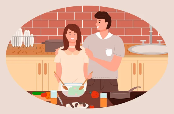 Man and Woman Stand on Kitchen, Lady Cooking Salad — ストックベクタ