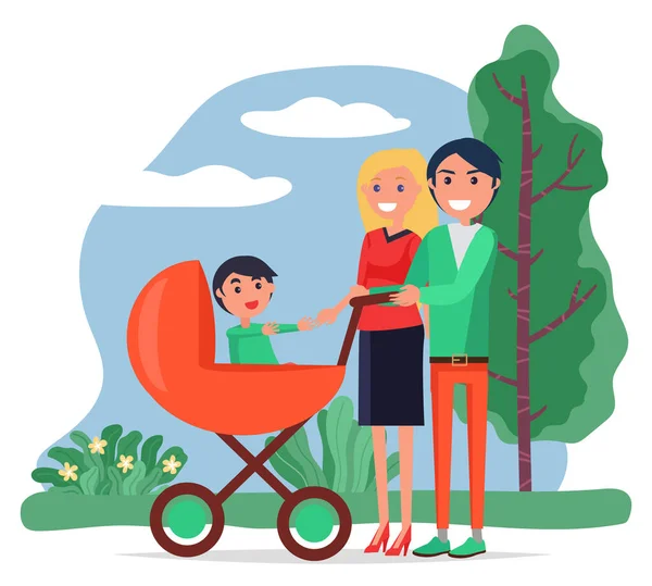 Summer Park and Family Walking with Baby Carriage — 图库矢量图片