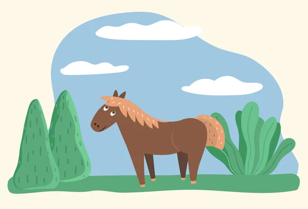 Caballo con melena rubia, puesto de animales en el prado — Vector de stock