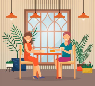 Conversation of Two Women in Cafe, Friends Talk