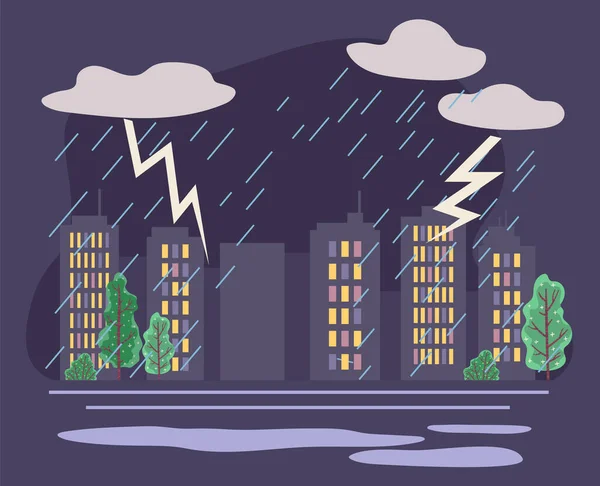 Thunderstorm and Rain in City, Rainfall in Town — Stock Vector
