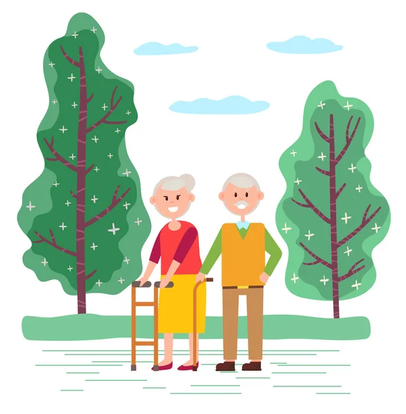 People Stroll Together in Park, Old Couple on Walk — 스톡 벡터