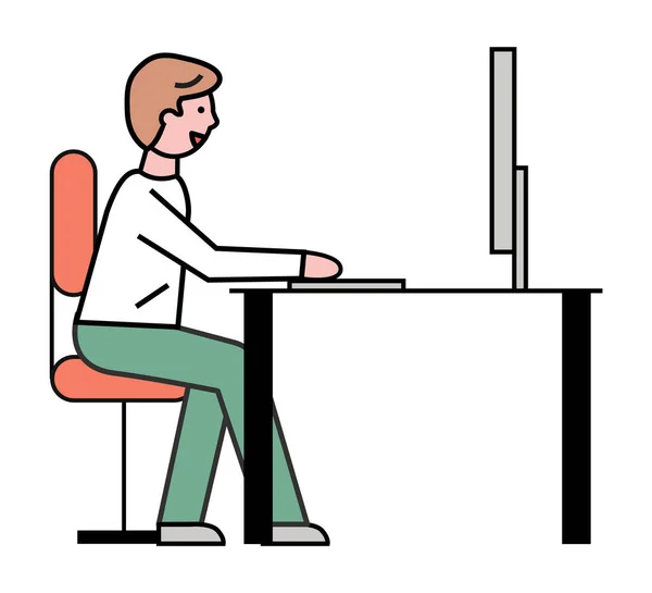 Male Person Bekerja di Laptop Character Outline - Stok Vektor