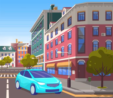 Şehir merkezinin caddesi, yan şeritte dönen araba.