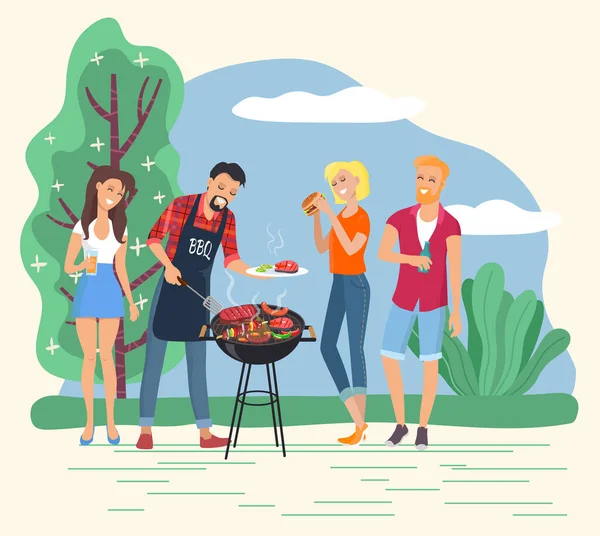 Amici riuniti sulla festa barbecue all'aperto vettoriale — Vettoriale Stock