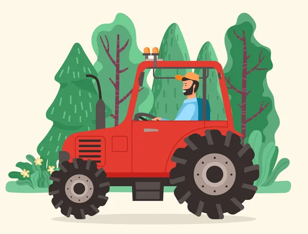 Trattore guida uomo, veicolo agricolo agricolo — Vettoriale Stock