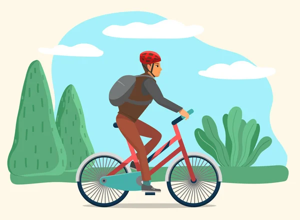 Active Man Riding Bicycle in Spring Forest or Park — Stock Vector