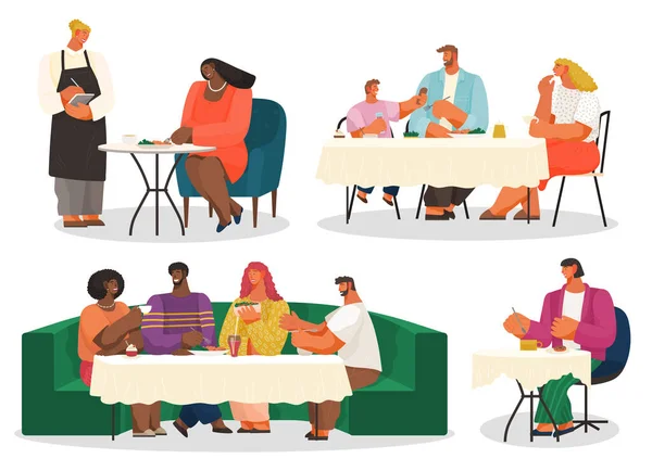 Les gens mangent au restaurant, serveur et clients — Image vectorielle