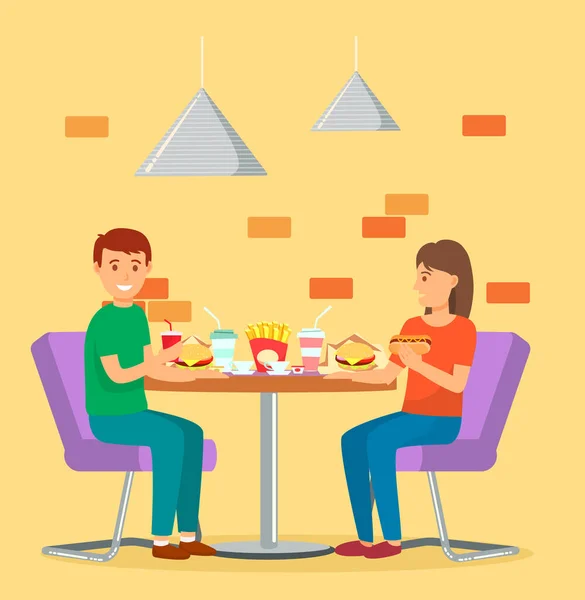 Hombre y Mujer, Pareja Comer Comida Rápida en Cafetería — Vector de stock