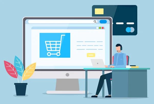 Man arbetar på laptop, Webbplats för Online Shopping — Stock vektor