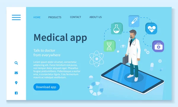 Medizinische App, Gesundheitsdienst Landing Web Page — Stockvektor