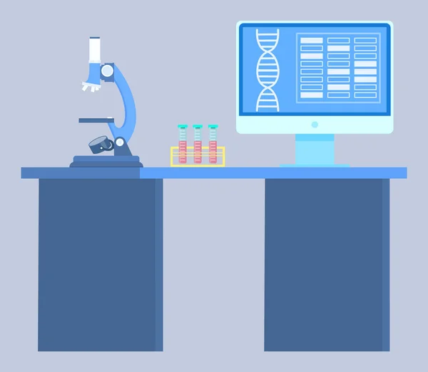 Laboratório médico, tubos de frasco de microscópio de mesa —  Vetores de Stock