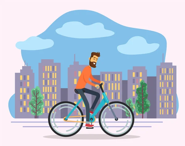 Man Rides Bicikli az utcán, Tájkép a város — Stock Vector