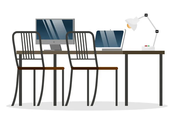 テーブルと椅子の上のコンピュータとのワークスペース｜Vector — ストックベクタ