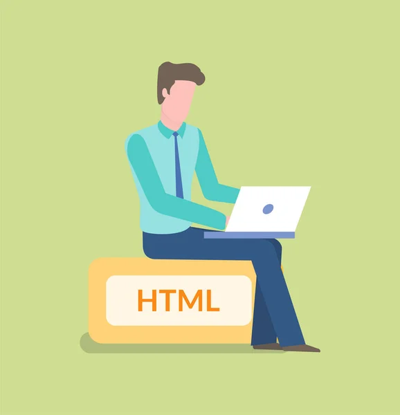 Programming Male Sitting on HTML Sign Working — Stock Vector