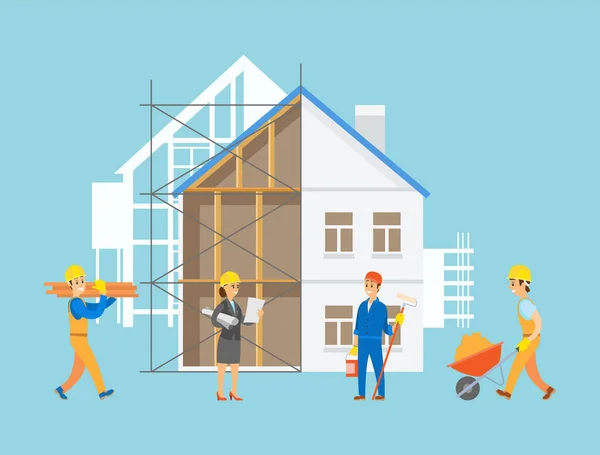 Personer som arbetar med bygg- och anläggningsarbeten — Stock vektor