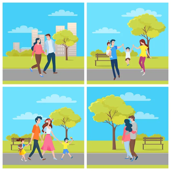 Şehir Parkında Yürüyen İnsanlar, Aile Açık Hava Vektörü — Stok Vektör