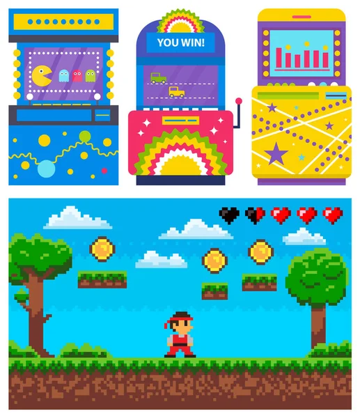 Machine à jouer, jeu de pixels, vecteur d'icône d'aventure — Image vectorielle